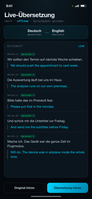 Live-Übersetzung: deutsche Sätze mit Zeitstempel, darunter jeweils die englische Fassung. Oben steht „läuft · offline · Sprachpaket geladen“.