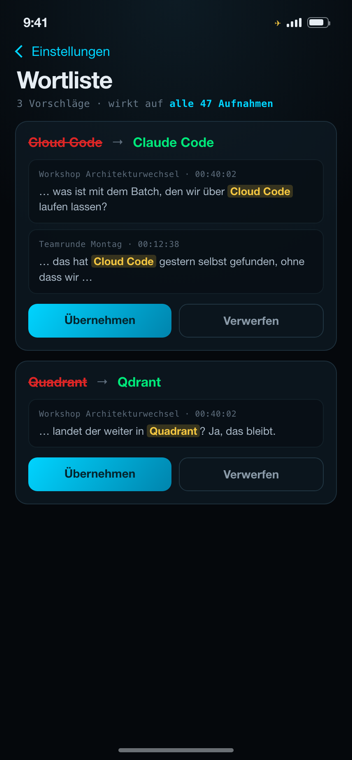 Wortliste mit Korrekturvorschlägen für Fachbegriffe aus den Aufnahmen.