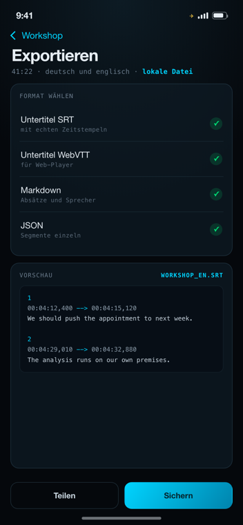 Export-Ansicht: Untertitel als SRT und WebVTT, Markdown und JSON, mit Vorschau der SRT-Datei. Oben steht „lokale Datei“.